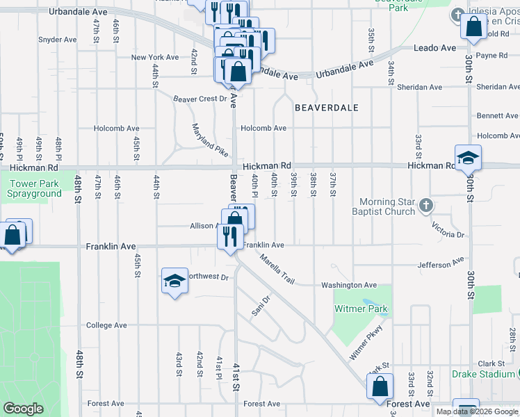 map of restaurants, bars, coffee shops, grocery stores, and more near 2016 40th Place in Des Moines