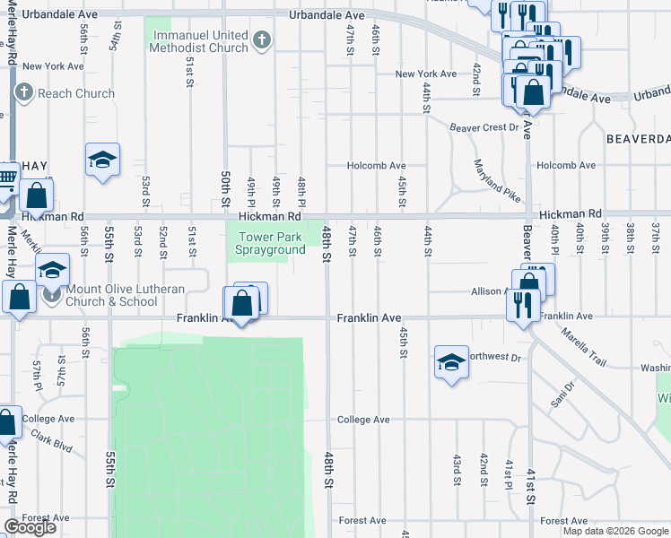 map of restaurants, bars, coffee shops, grocery stores, and more near 2021 48th Street in Des Moines