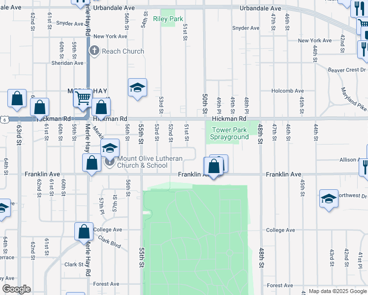 map of restaurants, bars, coffee shops, grocery stores, and more near 5113 Lincoln Avenue in Des Moines