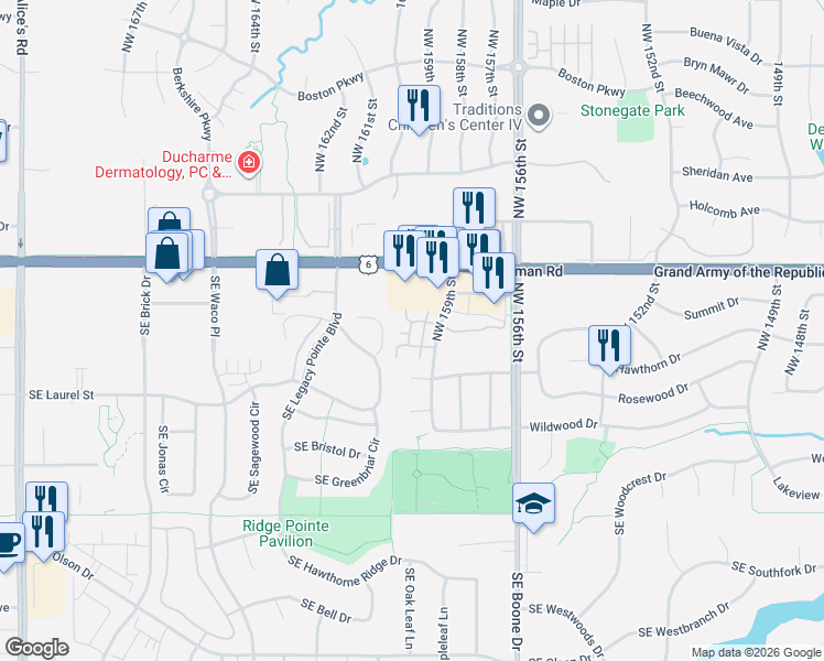 map of restaurants, bars, coffee shops, grocery stores, and more near 2150 Northwest 159th Street in Clive