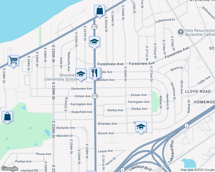 map of restaurants, bars, coffee shops, grocery stores, and more near 26301 Shoreview Avenue in Euclid