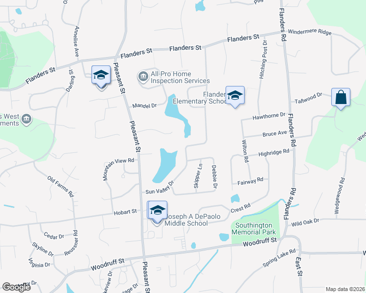map of restaurants, bars, coffee shops, grocery stores, and more near 170 Sun Valley Drive in Southington