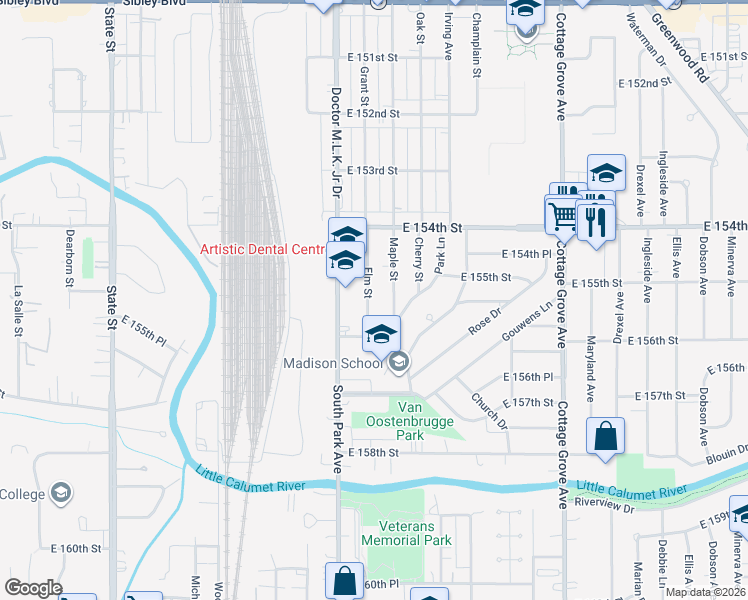 map of restaurants, bars, coffee shops, grocery stores, and more near 15525 Elm Street in South Holland