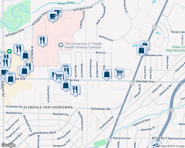 map of restaurants, bars, coffee shops, grocery stores, and more near 1438 Luscombe Drive in Toledo