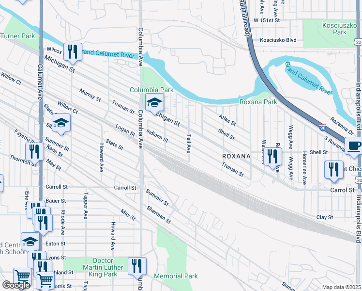 map of restaurants, bars, coffee shops, grocery stores, and more near 1333 Indiana Street in Hammond