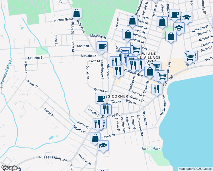 map of restaurants, bars, coffee shops, grocery stores, and more near 131 Stephen St in Dartmouth