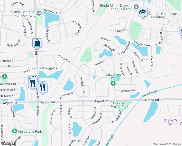map of restaurants, bars, coffee shops, grocery stores, and more near 1700 Raleigh Trail in Romeoville