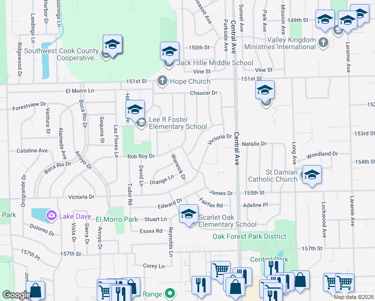 map of restaurants, bars, coffee shops, grocery stores, and more near 5756 Lancaster Drive in Oak Forest