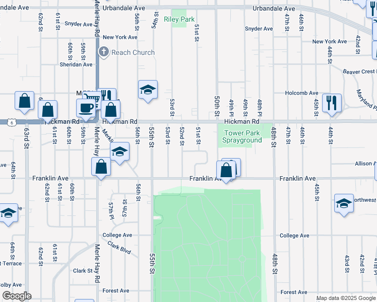 map of restaurants, bars, coffee shops, grocery stores, and more near 5113 Lincoln Avenue in Des Moines