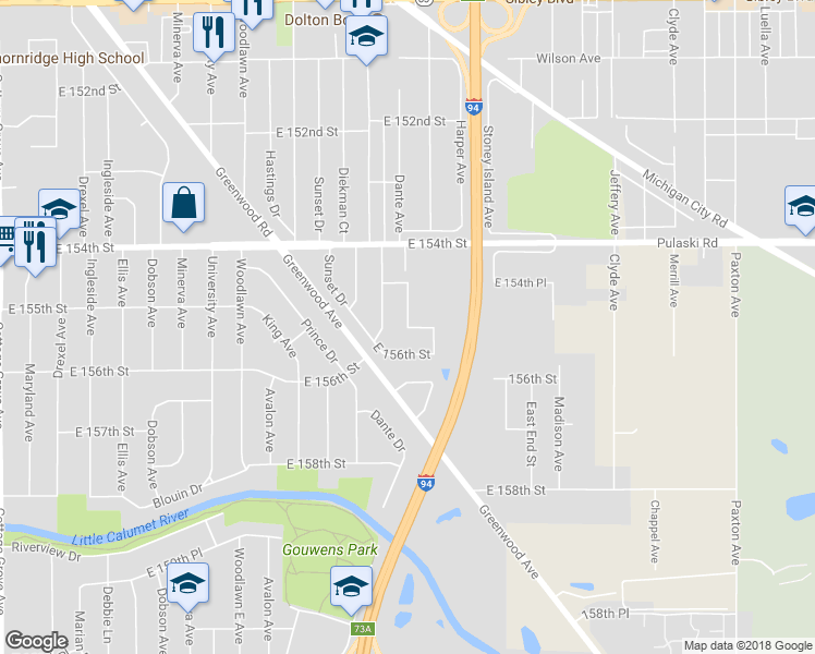 map of restaurants, bars, coffee shops, grocery stores, and more near 15518 Dante Avenue in Dolton