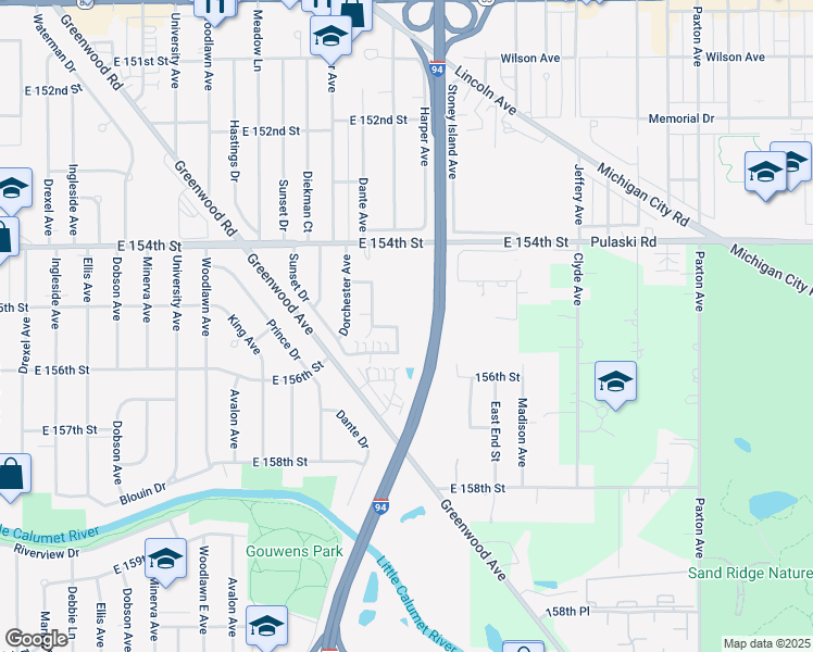 map of restaurants, bars, coffee shops, grocery stores, and more near 15520 Blackstone Avenue in Dolton