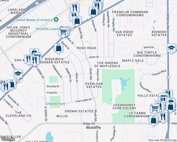 map of restaurants, bars, coffee shops, grocery stores, and more near 1762 Rush Rd in Wickliffe