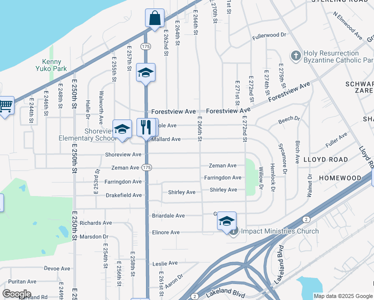 map of restaurants, bars, coffee shops, grocery stores, and more near 26531 Shoreview Avenue in Euclid