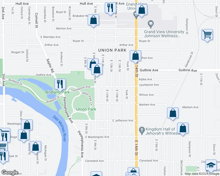 map of restaurants, bars, coffee shops, grocery stores, and more near 2021 East 12th Street in Des Moines