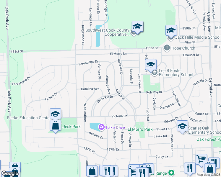 map of restaurants, bars, coffee shops, grocery stores, and more near 15343 Alameda Avenue in Oak Forest