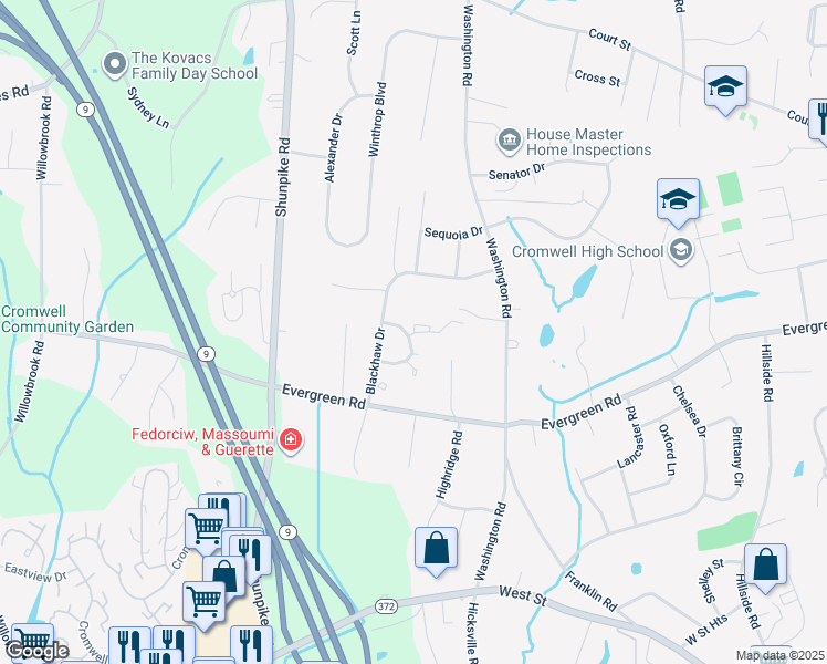 map of restaurants, bars, coffee shops, grocery stores, and more near 4 Shawnee Court in Cromwell