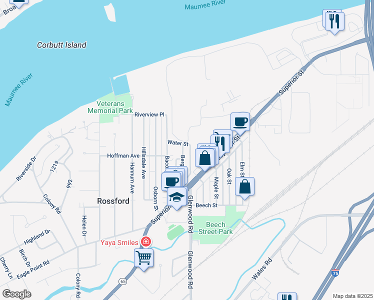 map of restaurants, bars, coffee shops, grocery stores, and more near 164 Bergin Street in Rossford