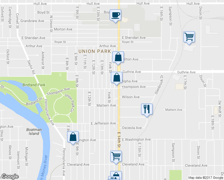 map of restaurants, bars, coffee shops, grocery stores, and more near 2021 York St in Des Moines