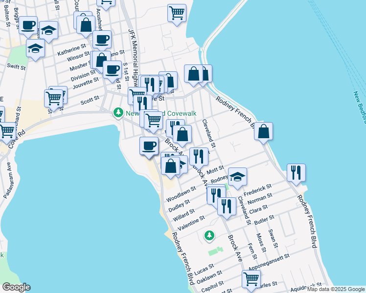 map of restaurants, bars, coffee shops, grocery stores, and more near 61 Salisbury Street in New Bedford
