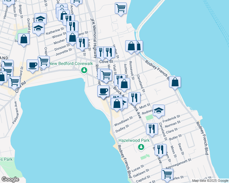 map of restaurants, bars, coffee shops, grocery stores, and more near 11 George Street in New Bedford