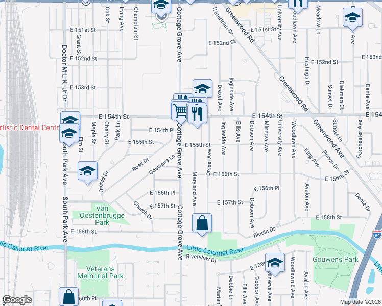 map of restaurants, bars, coffee shops, grocery stores, and more near 15510 Maryland Avenue in Dolton