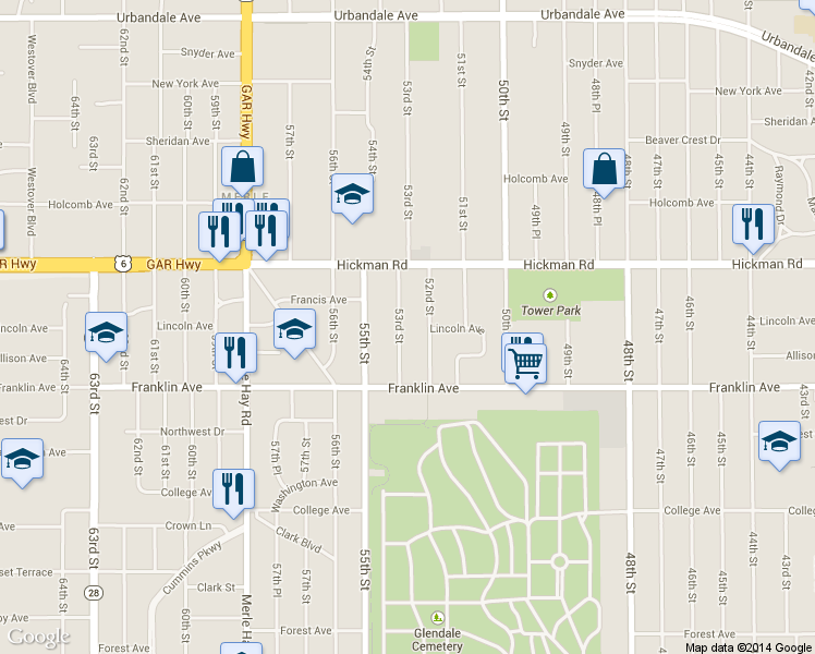 map of restaurants, bars, coffee shops, grocery stores, and more near 2025 53rd Street in Des Moines