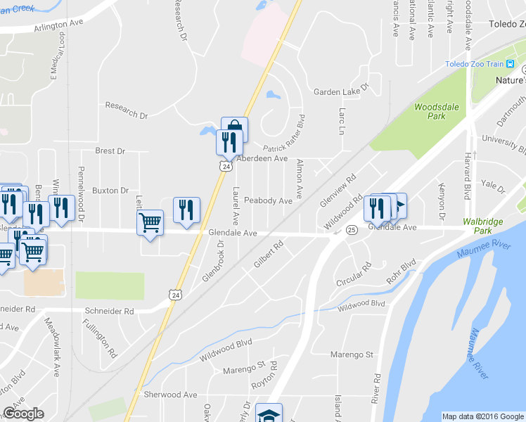 map of restaurants, bars, coffee shops, grocery stores, and more near 1418 Abbott Avenue in Toledo