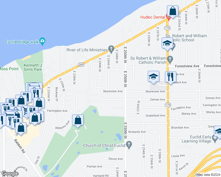 map of restaurants, bars, coffee shops, grocery stores, and more near 345 East 246th Street in Euclid