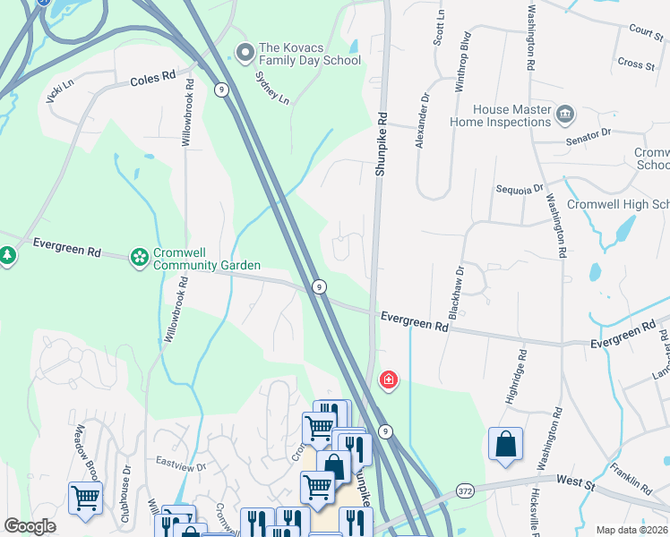 map of restaurants, bars, coffee shops, grocery stores, and more near 300 Woodland Drive in Cromwell