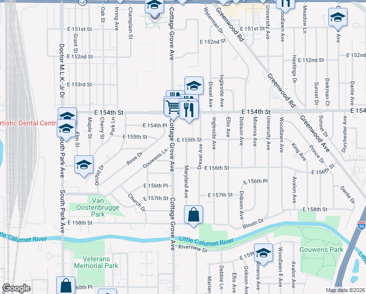 map of restaurants, bars, coffee shops, grocery stores, and more near 15510 Maryland Avenue in Dolton