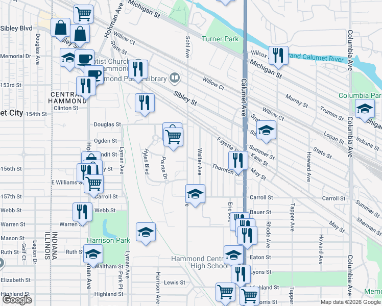 map of restaurants, bars, coffee shops, grocery stores, and more near 5550 Walter Avenue in Hammond