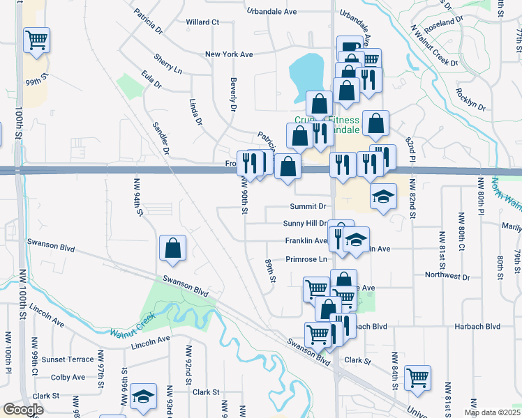 map of restaurants, bars, coffee shops, grocery stores, and more near 2164 Northwest 89th Street in Clive