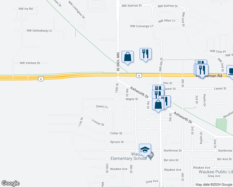 map of restaurants, bars, coffee shops, grocery stores, and more near 250 10th Street in Waukee