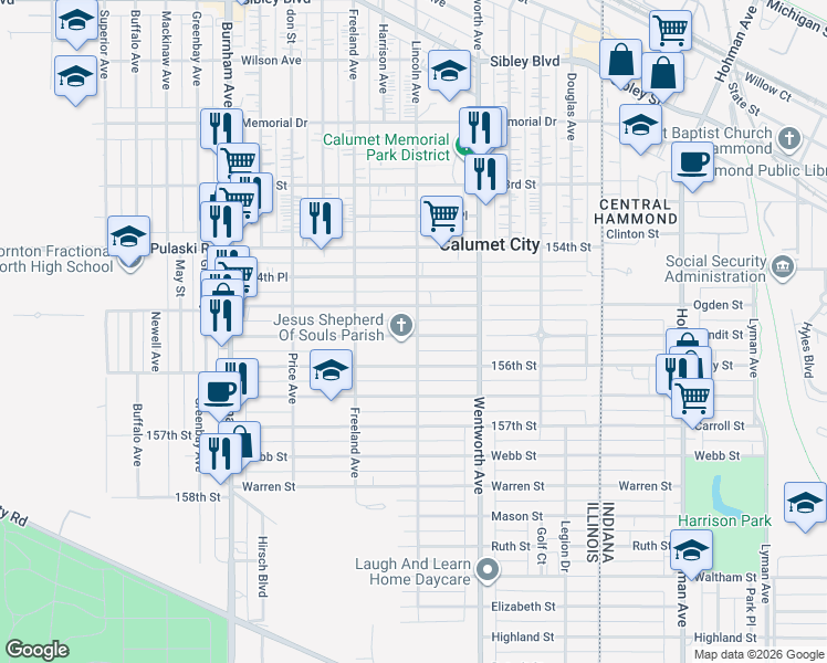 map of restaurants, bars, coffee shops, grocery stores, and more near 302 155th Place in Calumet City