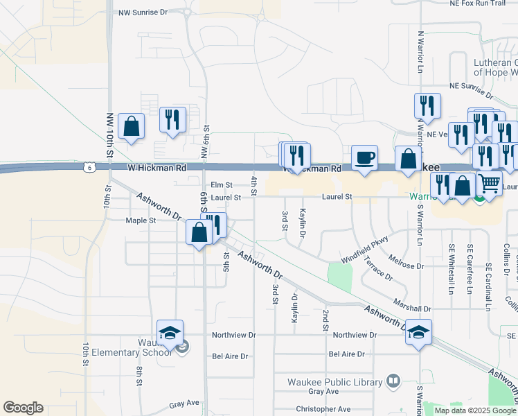map of restaurants, bars, coffee shops, grocery stores, and more near 390 4th Street in Waukee
