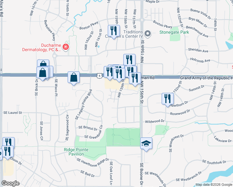 map of restaurants, bars, coffee shops, grocery stores, and more near 2150 Northwest 159th Street in Clive