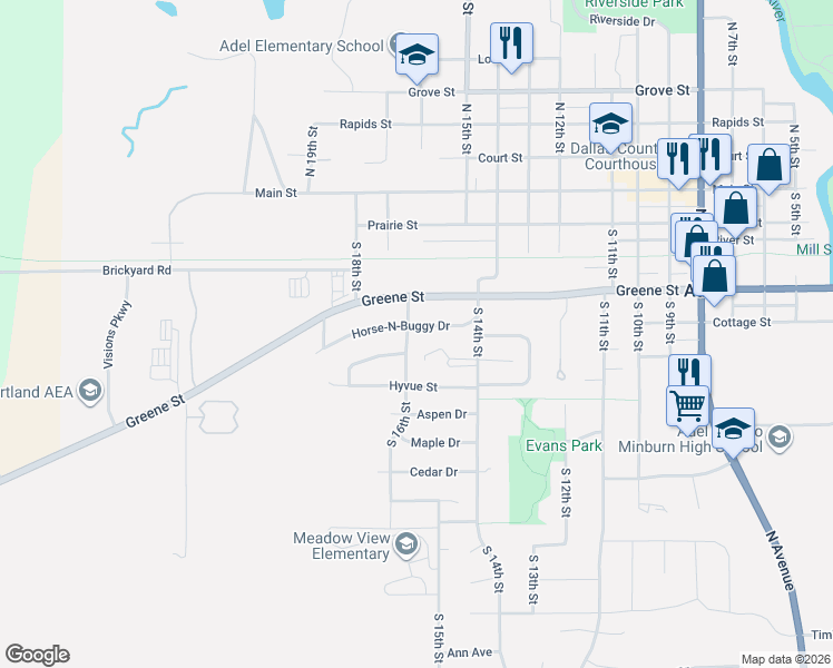 map of restaurants, bars, coffee shops, grocery stores, and more near 1603 Horse-N-Buggy Drive in Adel