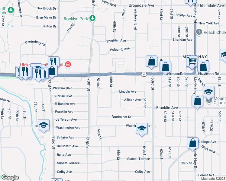 map of restaurants, bars, coffee shops, grocery stores, and more near 2011 68th Street in Windsor Heights