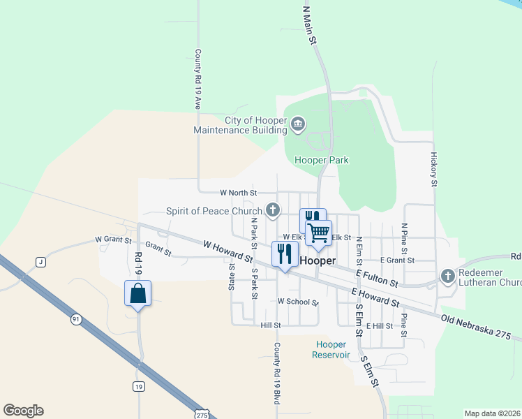 map of restaurants, bars, coffee shops, grocery stores, and more near 109 North Park Street in Hooper
