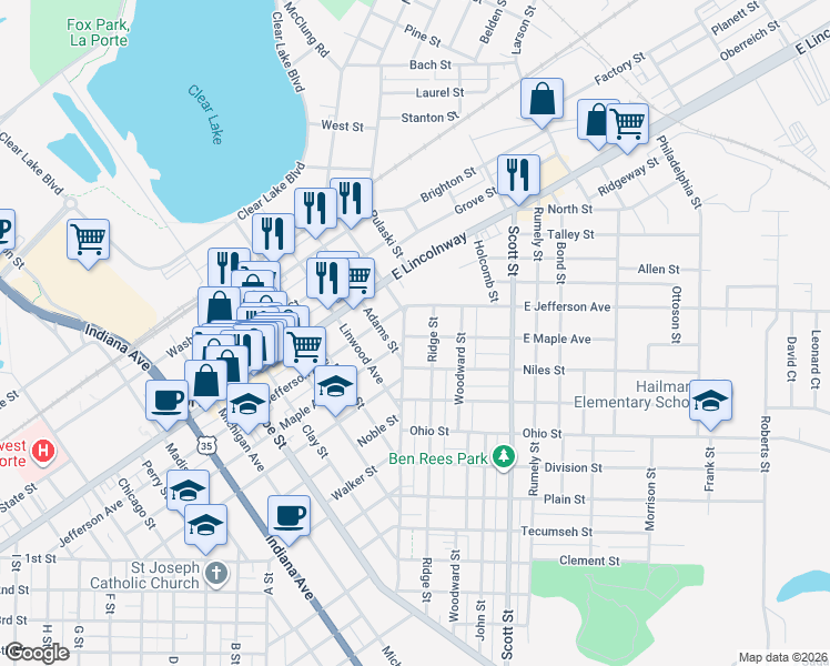 map of restaurants, bars, coffee shops, grocery stores, and more near 103 East Maple Avenue in La Porte