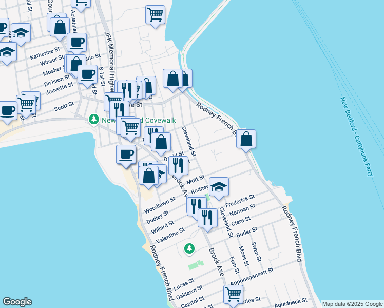 map of restaurants, bars, coffee shops, grocery stores, and more near 99 Cleveland Street in New Bedford