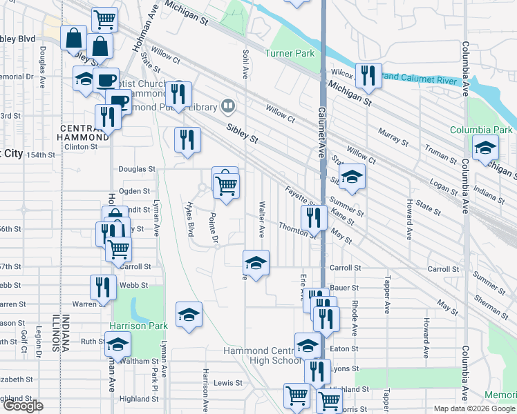 map of restaurants, bars, coffee shops, grocery stores, and more near 5550 Walter Avenue in Hammond