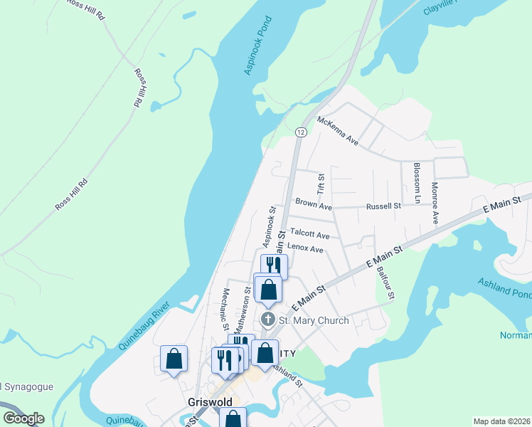 map of restaurants, bars, coffee shops, grocery stores, and more near 62 Aspinook Street in Griswold
