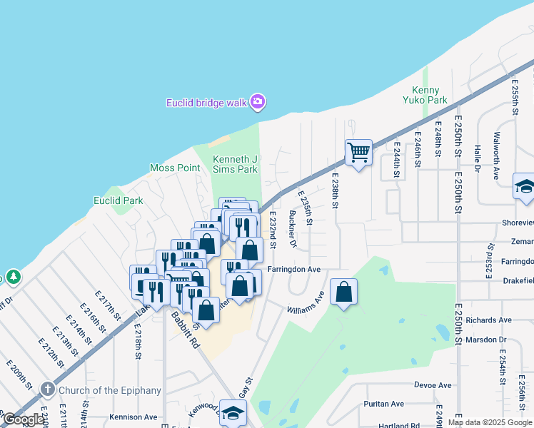map of restaurants, bars, coffee shops, grocery stores, and more near 23162 Lakeshore Boulevard in Euclid
