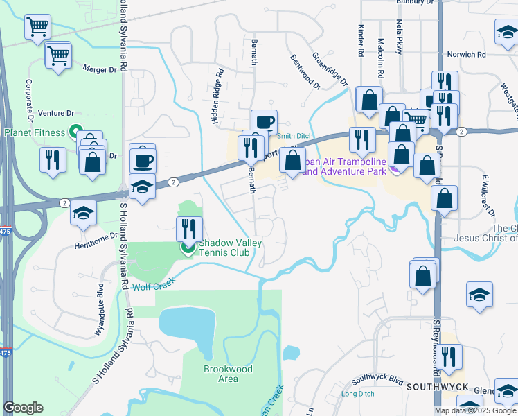 map of restaurants, bars, coffee shops, grocery stores, and more near 1507 Bernath in Toledo