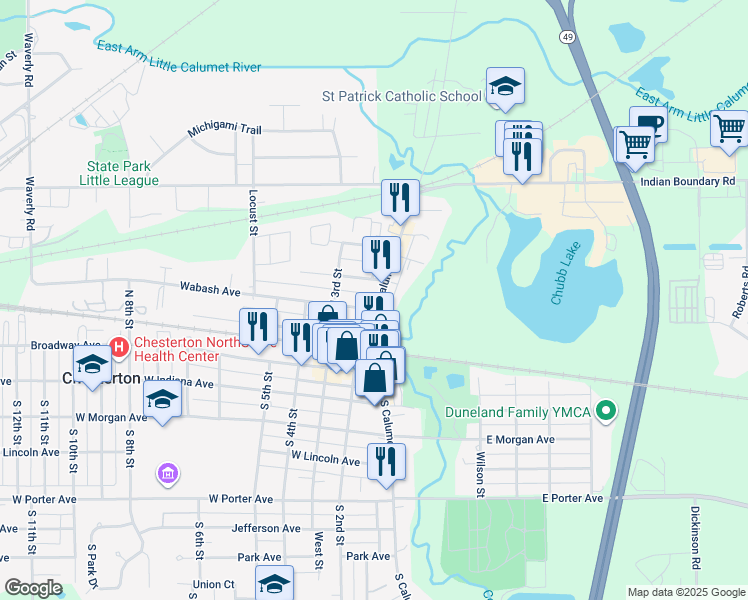 map of restaurants, bars, coffee shops, grocery stores, and more near 102 Wabash Avenue in Chesterton