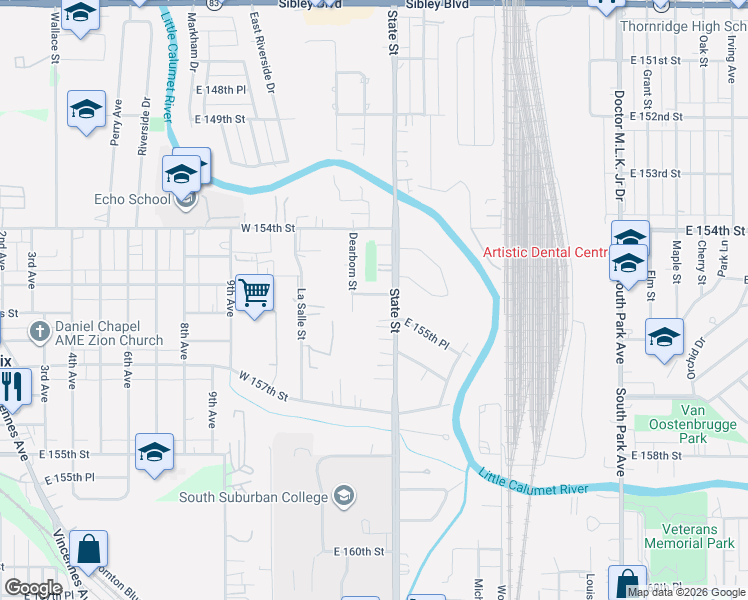 map of restaurants, bars, coffee shops, grocery stores, and more near 27 West 155th Place in South Holland