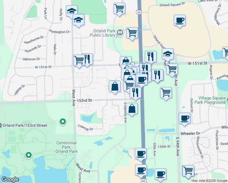 map of restaurants, bars, coffee shops, grocery stores, and more near 300 Ravinia Place in Orland Park