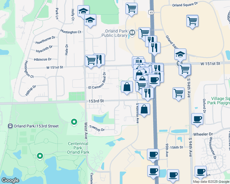 map of restaurants, bars, coffee shops, grocery stores, and more near 9865 Cordoba Court in Orland Park