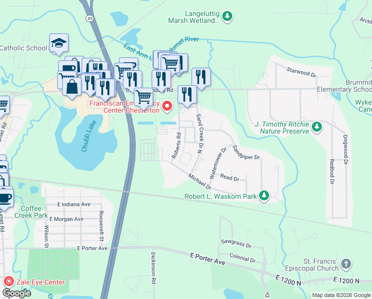 map of restaurants, bars, coffee shops, grocery stores, and more near 826 Olde Towne Square in Chesterton
